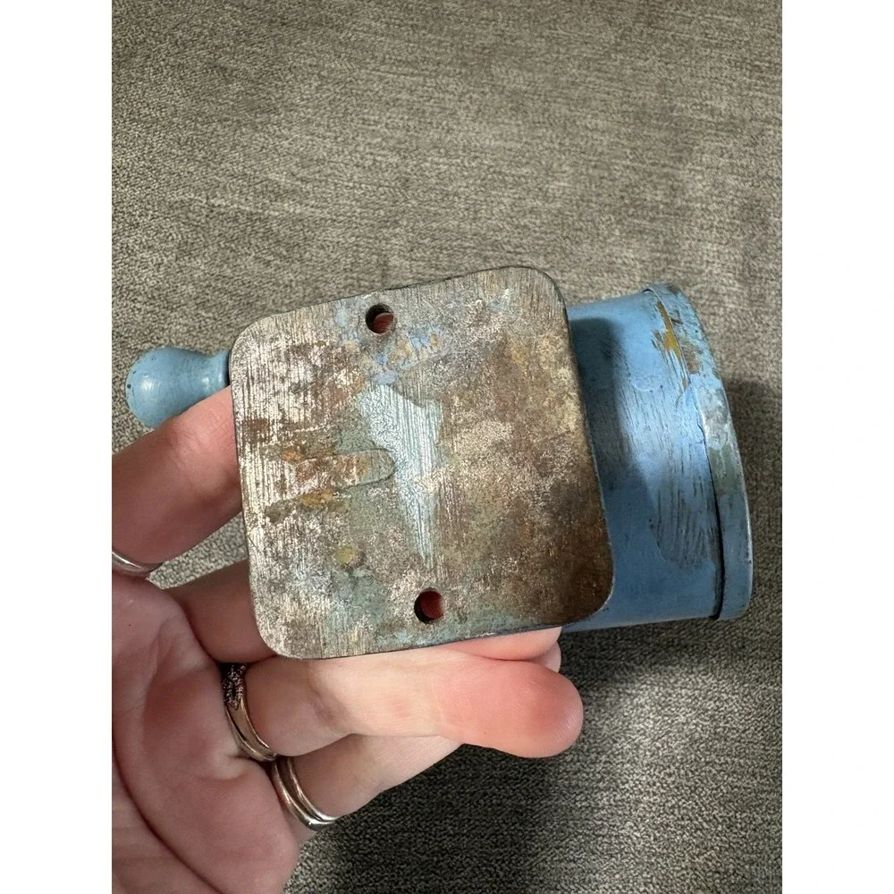 VINTAGE Unnamed Pencil Sharpener Wooden‎ Handle Blue Heavy Metal Base